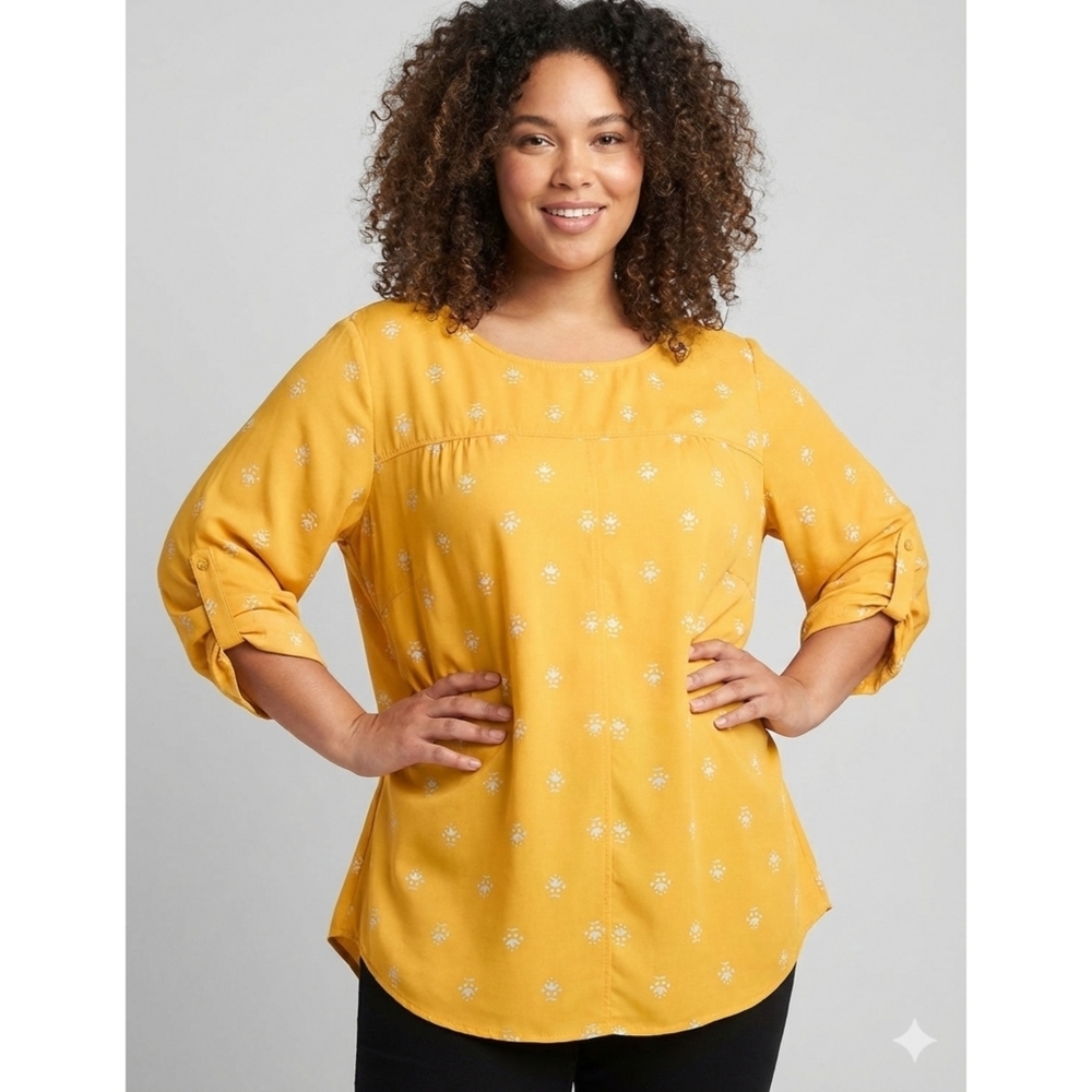 Cathy Woman Plus Printed Rolled Tab 3/4 Sleeves Shirt
